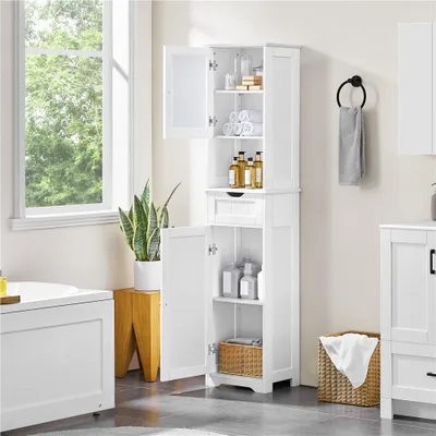 A white tall cabinet with open doors, displaying toiletries, towels, and a basket, in a bathroom setting with a window and a bathtub.
