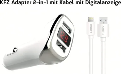 Image de Sunix Chargeur allume-cigare universel charge rapide 2,4A + câble de charge micro-Usb câble de données compatible avec smartphones & tablettes Blanc