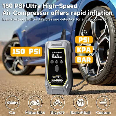 Produktbild von Tragbarer Auto-Starthilfe-Booster mit Kompressor - 4000 A - 150 PSI - 12.000–18.000 mAh - Powerbank - SOS-Licht - Autoreifenpumpe