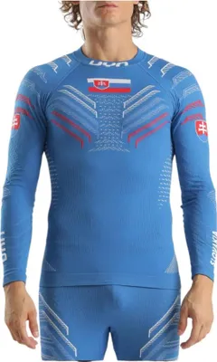 A man wearing a blue long-sleeved shirt with Slovakian flag and national symbols.