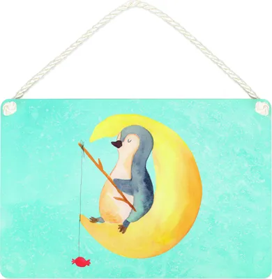 Produktbild von Mr. & Mrs. Panda Schild Pinguin Mond DIN A4 - Eisblau - Geschenk, Erschöpft, Pinguine, Holzschild, Süßigkeiten, kleine aufmerksamkeit, Wandbild Holz, schlafen, Türschild