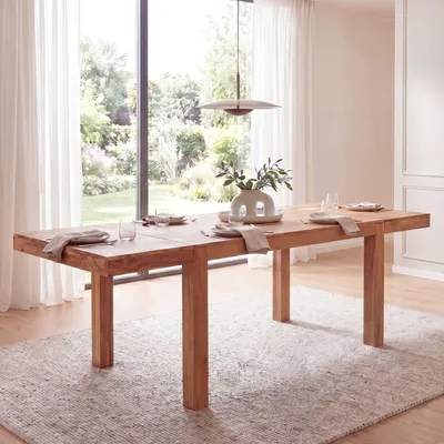 Obrázek produktu pro Jídelní stůl WOHNLING, rozměry 120 - 200 cm, masivní akátové dřevo, nadčasový design, kuchyňský stůl, rozkládací, velký, obdélníkový, jednoduchý dřevěný stůl, do jídelny