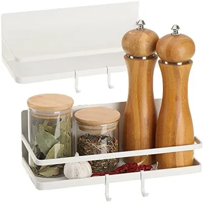 Produktbild von PolkaHome® Magnetischer Küchenregal – 2-teilige Aufbewahrungslösung mit Haken, 24 x 11 x 8 cm, Weiß