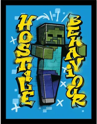 Image de Minecraft - Poster encadré "Hostile Behaviour" PM11112 (40 cm x 30 cm x 1,7 cm) (Bleu/Vert/Jaune)