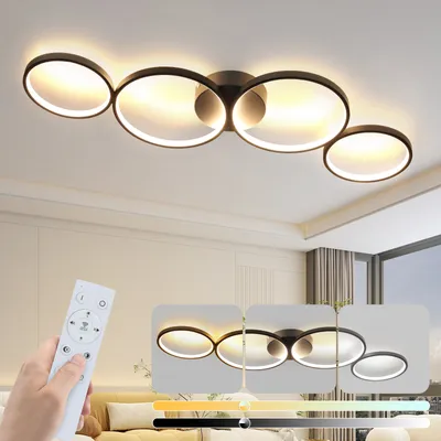 A hand holding a remote control is shown in the foreground, with a modern ceiling lamp with multiple rings illuminated in the background. Several inset images show the lamp with different lighting effects and color temperatures.