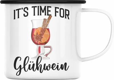 Produktbild von Trendation - Glühwein Emaille Tasse Lustig Spruch Glühweinbecher mit Henkel Doppelwandig GlühweinEmaille Tassen Gläser Weihnachtsmarkt Becher Emaille Tassen Geschenk - It Time For Glühwien (Schwarz)