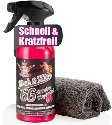 Produktbild von Shinykings Wash & Shine BICYCLE | Wasserloser Fahrradreiniger für unterwegs | Biologisch abbaubar | 0,5 L Spray + Tuch | Extra stark | Kratzfrei | Fahrrad Reinigungsset und Fahrrad Pflegeset für BIKE