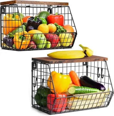 Produktbild von Obstschale Obstkorb Hängend 2 Etagen, Wandkorb Schwarz mit Holzdeckel,Stapelbar Küchenorganizer, Obstschale Hängekorb, Drahtkorb Küche, Gemüsekorb