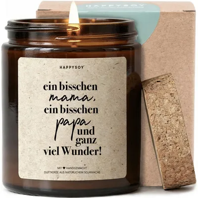 Produktbild von Ein bisschen Mama, ein bisschen Papa und ganz viel Wunder - Duftkerze mit Spruch als Geschenk zur Geburt, für werdende Eltern, Kerze im Glas mit blumigem Duft