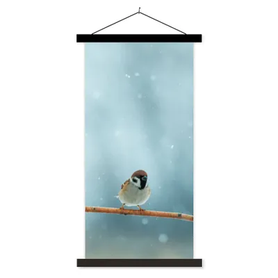 Produktbild von MuchoWow® Textilposter Vögel - Spatz - Schnee - Winter 90x180 cm mit schwarzem Rahmen - Dekoration Wohnzimmer