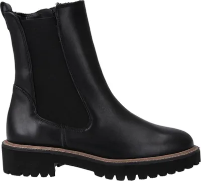 A black leather chelsea boot with a thick sole, shown from the side.