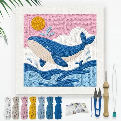 Produktbild von Punch Needle Kit für Anfänger 24x24cm Meerestiere Stickset DIY Starterset mit bedrucktem Rahmen
