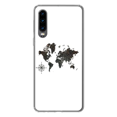 Produktbild von MuchoWow® Handyhülle Schutzhülle Hülle für Huawei P30 Weltkarte - Gold - Schwarz - Windrose Silikon Softcase Handy Hülle - Kartenbesitzer