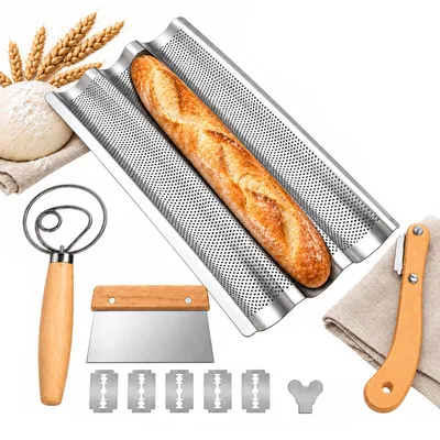 Productafbeelding van Baguettebakplaat set, 38x25 cm – 3 bakvormen, geperforeerd, inclusief deegschraper, deegschuiver en broodmes, accessoires voor het bakken van zuurdesembrood