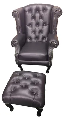 Produktbild von Luxus Ohrensessel und Hocker Chesterfield Sessel Leder Schwarz Modern