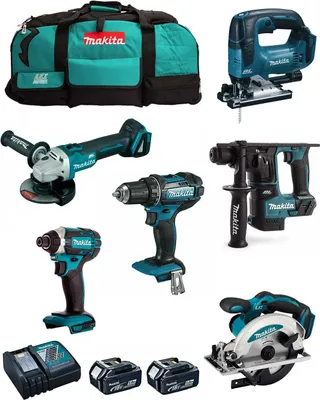 Produktbild von MAKITA Kit MK601 (DDF482 + DHR171 + DGA504 + DTD152 + DJV182 + DSS610 + 2 x 5,0 Ah + DC18RC + 2 x LXT600)