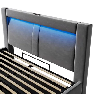 Produktbild von Flieks Hydraulisches Polsterbett 160x200cm mit USB- & Type-C-Ladeanschlüsse, Jugendbett Doppelbett mit Led, Stauraumbett Samt, Grau