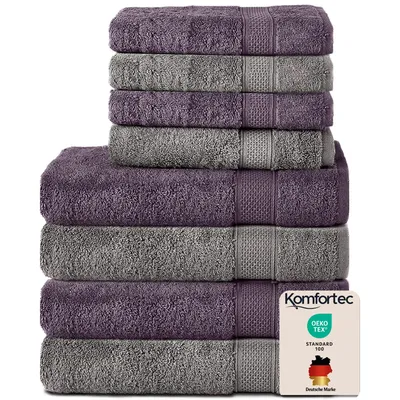 Produktbild von Komfortec 8er Handtuch Set aus 100% Baumwolle, 4 Badetücher 70x140 und 4 Handtücher 50x100 cm, Frottee , Weich,Groß, Anthrazit/Violett