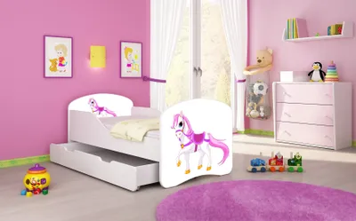 Image de ACMA I Lit d'adolescent Lit d'enfant Lit junior Set complet avec matelas Sommier à lattes Blanc 43 Petit cheval 160x80 + coffre de lit
