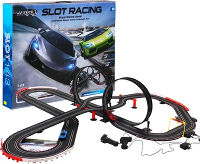 Immagine prodotto di pista di 10 metri per bambini dai 6 anni in su. Telecomandi + 2 auto 1:43 + luci + 2 loop da 360