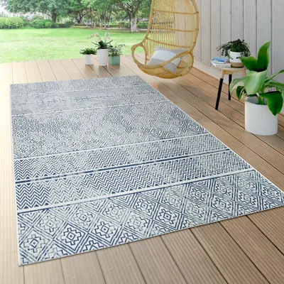 Produktbild von Outdoor Teppich Wetterfest Balkon Küche Vintage Modern Marokkanisch Blau Creme Grösse 80x150 cm