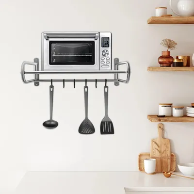 Immagine prodotto di Mensola per microonde - Mensola da cucina a parete - Acciaio inox - 6 ganci - Caricabile - Salvaspazio - Argento