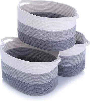 Produktbild von Unyqoos® Set 3 Aufbewahrungskörbe aus Baumwollseil (XL), geflochten, groß 28 x 24 x 23 cm, mit Griffen, grau – Organizer für Bad & Kinderzimmer