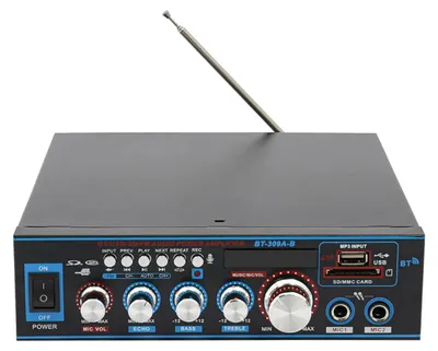 Produktbild von Bluetooth Auto und Heim HiFi Karaoke-Verstärker - Stereo Receiver - 2x300W Peak 2x30W RMS - 2 Kanäle 2 Mikrofoneingänge - USB SD MP3 FM - 12V 5A - EU-Stecker - Schwarz