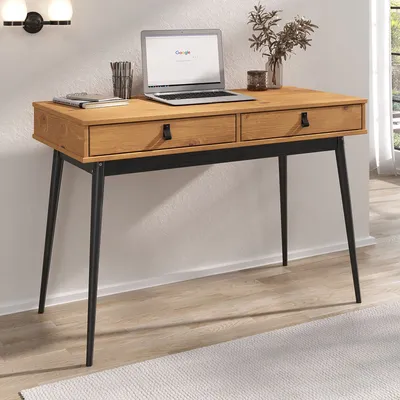 Produktbild von Schreibtisch WANDA mit 2 Schubladen aus Massivholz Eiche farben / schwarz - Bürotisch mit konischen Beinen, Home Office Tisch, Büromöbel mit Stauraum