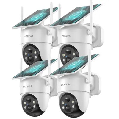 Image de Caméra de surveillance d'extérieur COOAU 2K à batterie, rotation à 360°, Wi-Fi, vision nocturne couleur, alimentation solaire, détecteur de mouvement PIR, stockage sur le cloud/carte TF, 3 pièces