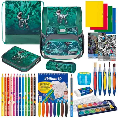 Produktbild von Herlitz Schulranzen Set Loop Plus Green T-Rex 14-teilig gefüllt