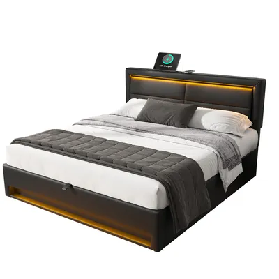Produktbild von Polsterbett mit USB-Anschluss LED-Beleuchtung und Stauraum Doppelbett Erwachsenenbett Stauraumbett 160 x 200 cm Schwarz