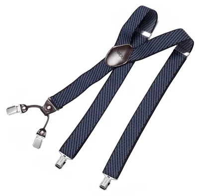 Produktbild von DonDon Herren Hosenträger 3,5 cm breit 4 Clips mit braunem Leder in Y-Form elastisch und längenverstellbar - gestreift blau schwarz