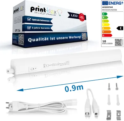 A white LED under-cabinet light bar with its packaging and accessories, shown on a white background.