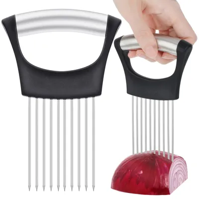 Produktbild von Edelstahl Zwiebelhalter mit Zinken zum Schneiden von Gemüse