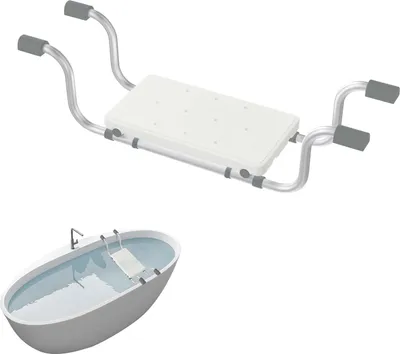 A bathtub seat designed to fit over the edge of a bathtub, shown with a separate illustration of a bathtub with water.