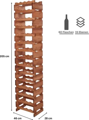 Produktbild von Weinregal VINOTECA FLEX PRO | HxBxT 205x46x28cm | 60 Flaschen auf 15 Ebenen | Massives Kiefernholz | Braun geölt