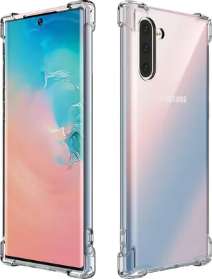 A clear protective case for a Samsung Galaxy Note 10 is shown from the front and back.