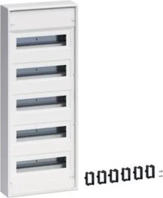 A white electrical distribution board with multiple compartments and a set of black clips on a white background.