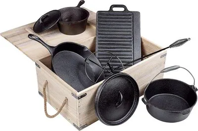 Produktbild von Gietijzeren 9-teilig Kochset in Holzkiste, Grill- und Bratpfannen