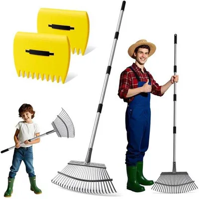 Produktbild von Unyqoos® Verstellbare Laubharke – Gartenharke mit 25 Metallzähnen, 49 cm Kopf, Teleskopstiel 72–140 cm, rostfreier Stahl, ergonomischer Griff