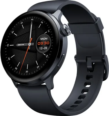 A close-up studio shot of a black smartwatch with a black band, displayed against a white background.
