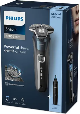 Produktbild von Philips SHAVER Series 5000 S5889/11 Elektrischer Nass- und Trockenrasierer, Rotationstrasierer, Schwarz, SteelPrecision blades, Edelstahl, Tasten, LED