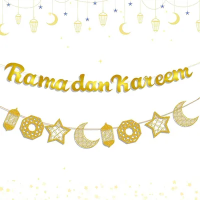 Produktbild von Ramadan Kareem Girlande Gold mit Mond, Stern, Schloss - Eid Mubarak Deko Set
