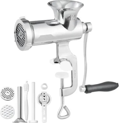 Produktbild von Manuelle Edelstahl Fleischwolf - 304 - 5 & 8 mm Schneidplatten - Hand Fleischmaschine mit Wurstrohr - Für Fleisch, Gemüse & Wurstfüllung - Silber