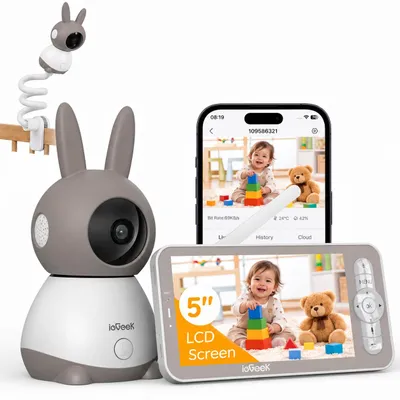 Zdjęcie produktu dla ieGeek Babyphone 2K, monitor dla dziecka z ekranem 5", Wi-Fi, obracany (PTZ), panoramiczny widok 360°, tryb nocny, detekcja ruchu, automatyczne śledzenie, rozpoznawanie płaczu, sterowanie przez aplikację, z uchwytem do kamery