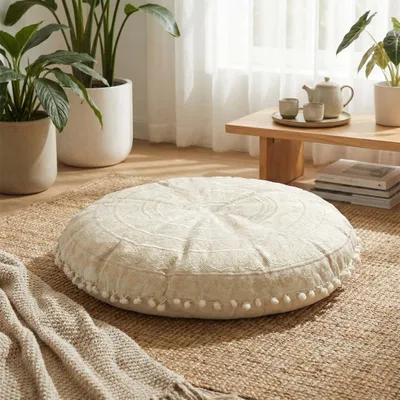 Image de Coussin de méditation, 60 cm de diamètre, forme ronde, en coton, couleur beige, pour la méditation