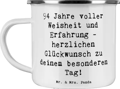 Produktbild von Mr. & Mrs. Panda Pott Spruch 94. Geburtstag - Weiß - Geschenk, Wissen, Emaille Tasse, Geschichten, besonderes Jubiläum, becher, 94 Jahre feiern, Motivtasse, Lebensfreude