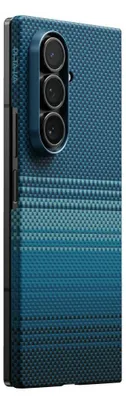 A close-up side view of a blue phone case with a textured pattern and a camera module.