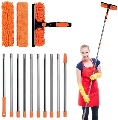 Image de Kit de nettoyage de fenêtres télescopique Unyqoos® de 4,3 mètres, avec manche en acier inoxydable, tête pivotante à 180°, raclette en caoutchouc + chiffons en microfibre lavables pour l'intérieur et l'extérieur, sans échelle